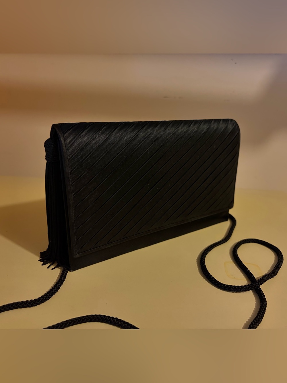 La Regale Black Diagonal Stitch Clutch with Braided Strap